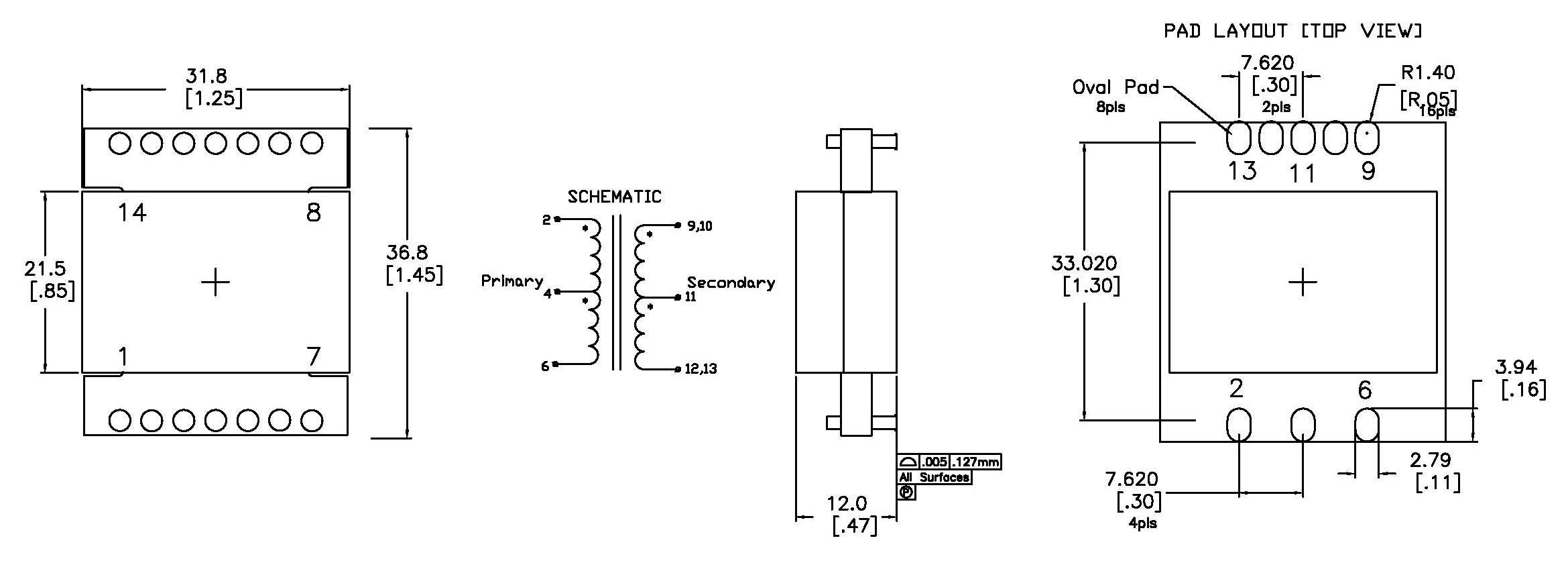 Mechanical drawing — dimensions, schematic & pad layout
